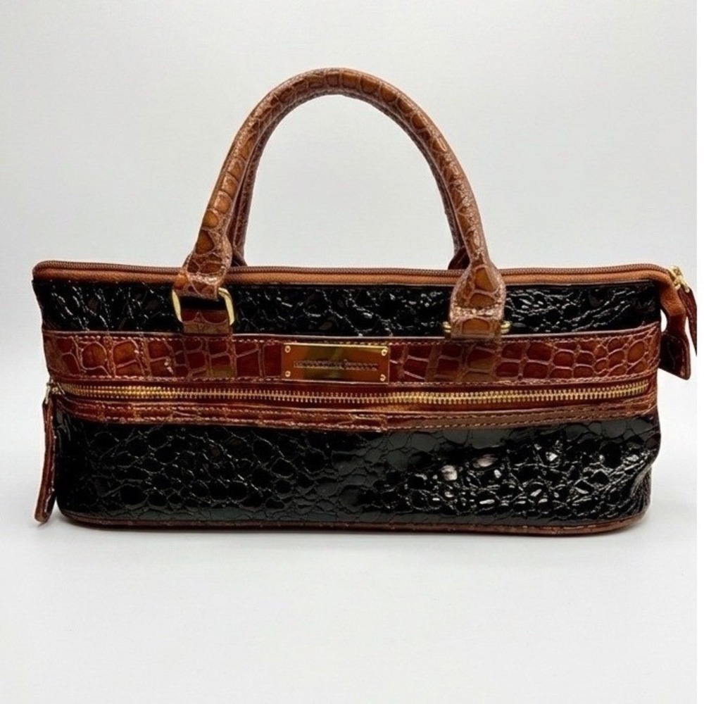 Samantha Brown Black Croc Embossed Insulated Travel Bag Brown Trim Gold Hardware